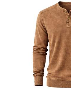 Sudadera Henley de Manga Larga para Hombre, Lavado Ácido, Color Camel Marrón, Estilo Casual con Botones y Bolsillos, Prenda de Invierno, Algodón, Corte Ajustado - Product Image 4