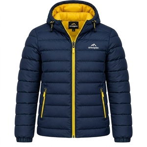 Men's Navy Blue With <b>Yellow</b> Zipper Hooded <b>Puffer</b> <b>Jacket</b> Warm Quilted Winter Outdoor Coat Lightweight Waterproof <b>Jacket</b> One Apex - Product Image 1