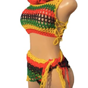 Conjunto de bikini de 2 piezas de ganchillo hecho a mano personalizado para mujer, estilo bohemio, sin espalda, push-up, con diseño de margaritas y logo frontal, ropa de playa - Product Image 2