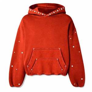 Sweat à capuche unisexe personnalisé, décontracté, automne, streetwear ODM, vintage, délavé à l'acide, avec poches, coupe longue et ample, en molleton 100% coton, orné de strass et de perles - Product Image 3