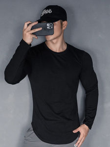 T-shirt de sport à manches longues pour homme, en coton élastique, couleur unie, idéal pour la course à pied, le fitness et les exercices, nouvelle collection printemps-automne. - Product Image 3