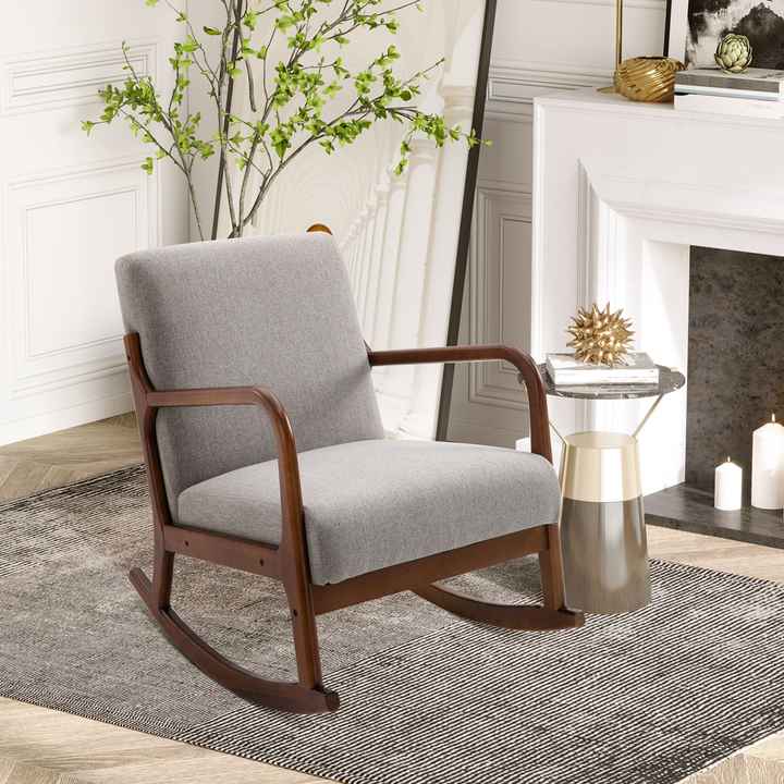 Grey Linen Fabric Rocking Armchair with Upholstered Wood Base for Living Room