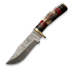 Cuchillo de caza personalizado OEM/ODM de 10 pulgadas, forjado a mano en Damasco, con hoja de punta de clip, mango de cuerno y funda de cuero. - Product Image 1