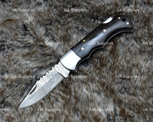 Custom Damascus Steel Folding Pocket Knife Dark African Wood Handle Back <b>Lock</b> EDC Camping Hunting Manufacturer Bulk Supply - Product Image 4
