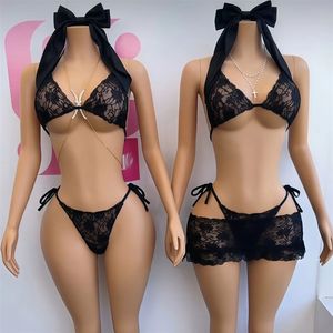 Ensemble de bikini en dentelle pour femmes, trois pièces, dentelle florale transparente, maillot de bain triangle, vacances à la plage, mode estivale - Product Image 6