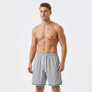 Shorts gris unis pour hommes avec bordure turquoise, taille à cordon de serrage, séchage rapide, vêtements de sport décontractés - Product Image 5