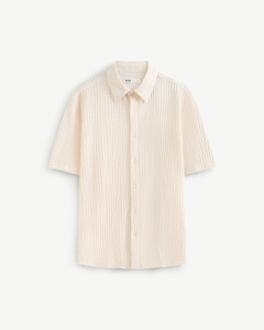 High Quality Men's Striped Autumn Short Sleeve Turn-<b>down</b> Collar Single Button 100% Cotton Breathable Seersucker Textured Regular - Product Image 1