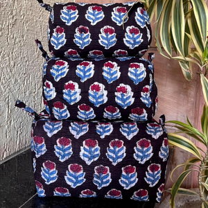 Premium Hand Block Print Quilted Cotton Indian Artisanal <b>Toiletry</b> set of 3 Waterproof Lining Zip Closure Durable Daily Use - Product Image 3