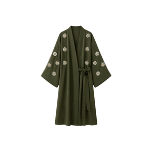 Kaftan blanc mini avec détails lacés, coupe ample, manches longues, tenue modeste, longueur mi-mollet, en coton, col en V, vêtements pour femmes - Product Image 5