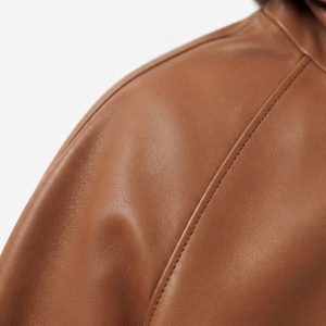 Men's Brown Real Leather Non-Hooded Stand <b>Jacket</b> Casual Winter Waterproof Breathable Zipper Closure Regular Fit Solid Color - Product Image 5