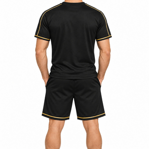 Ensemble T-shirt et short pour homme en polyester/spandex noir avec bordure dorée, imprimé par transfert thermique, tricoté, haut de gamme, décontracté, sportswear d'été - Product Image 2