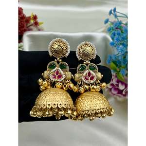 Indian Ethnic Brass Jhumka Earrings-Trendy Pearl & Diamond Kashmiri Jewellery - Product Image 3