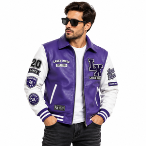 Custom Purple <b>White</b> Leather Varsity <b>Jacket</b> for <b>Men</b> Premium Letterman Bomber <b>Jacket</b> with Chenille Embroidered Patches OEM ODM - Product Image 2