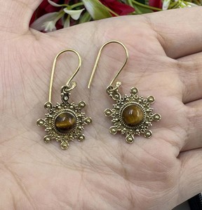 Natural Tiger Eye <b>Gold</b> Plated Brass <b>Earrings</b> Handmade Gemstone <b>Dangle</b> Drop <b>Earrings</b> Fashion Statement Jewelry for Women - Product Image 5