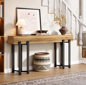 Console moderne rustique en bois avec base en métal, étagère de rangement, meuble d'entrée ou de salon - Product Image 1