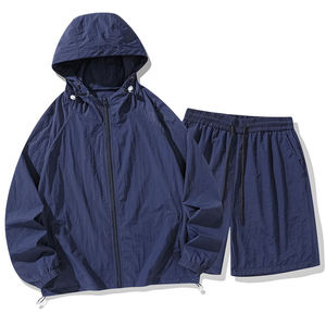 Ensemble de survêtement unisexe noir à capuche, manches longues, fermeture éclair, décontracté, léger, en polyester, short, coupe ample, couleur unie, été - Product Image 3