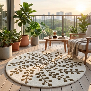 Alfombra de Baño Redonda con Diseño de Enredaderas Florales en Crema y Verde Oliva |   Algodón Orgánico de Primera Calidad |   Base de Goma Antideslizante - Product Image 5