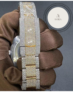 Montre-bracelet unisexe de luxe jaune en acier inoxydable, cadran entièrement serti de diamants, aiguilles et chiffres romains, qualité export, mouvement mécanique - Product Image 5