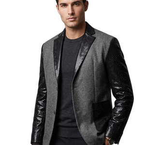 Blazer en laine grise pour homme Leather Cult avec manches en cuir noir patchwork et bouton unique - Product Image 5