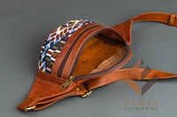 Sac banane en cuir véritable marron, forme tonneau, brodé, motif géométrique, fermeture éclair, style bohème unisexe