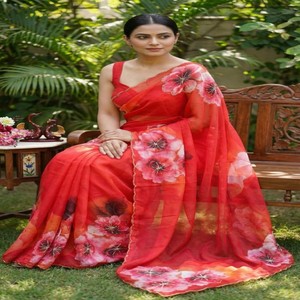 VASTRA COTTAGE Sari de seda tabby suave y pesado con estampados florales, bordado a mano con cuentas y lentejuelas, con blusa de seda satinada - Product Image 1