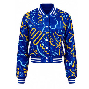 Chaqueta Varsity con Estampado Geométrico Azul, Manga Larga, Cuello Camisero, Cierre de Botones, Poliéster, Ropa de Otoño para Mujer, Chaquetas de Satén - Product Image 2