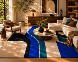 Tapis moderne abstrait en laine tuftée à la main avec envers en coton, luxueux bleu, noir, beige, tapis contemporain sur mesure - Product Image 6