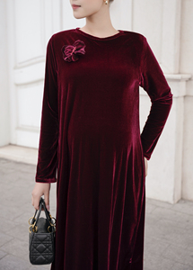 Vestido Midi de Terciopelo Sólido, Holgado, Recto, Elegante, con Cuello Redondo, de Manga Larga, Formal e Informal, Hecho en Vietnam, ODM OEM - Product Image 3