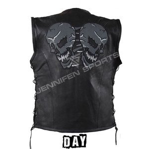 Chaleco de cuero negro personalizado para hombre con calavera bordada, nuevo chaleco de piel de vaca OEM para motociclismo en invierno - Product Image 2