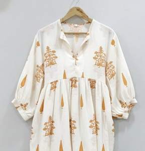 Vestido Túnica Midi Formal con Estampado Floral, 100% Algodón, Diseño Simple para Mujer |   Vestido Étnico Indio Bohemio - Product Image 1