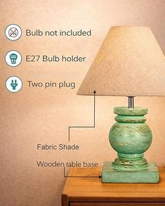 <b>Green</b> Distressed Wood <b>Table</b> Lamp Jute Dome Shade Rustic Trophy Base Farmhouse <b>Bedside</b> Night Light - Product Image 5