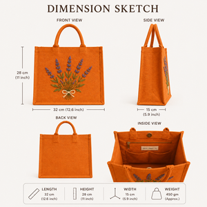 Sac fourre-tout en jute orange avec broderie lavande, style bohème, doublure en coton - Sac de voyage et de plage, sac de shopping - Product Image 2