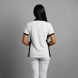 Polo de manga corta blanco para mujer con ribete negro, logotipo bordado en la parte delantera, estilo casual, 100% poliéster tejido para mujer - Product Image 2