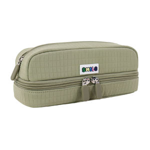 Trousse de rangement A5 en nylon vert olive à double fermeture éclair et texture quadrillée pour papeterie, fabriquée au Vietnam - Product Image 5