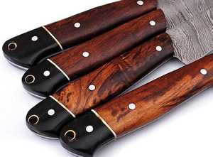 Damascus Steel <b>Knife</b> Set 4-Piece Wood Handle Chef <b>Knives</b> Polished Blade Straight Edge Ambidextrous <b>Kitchen</b> Cutlery - Product Image 4