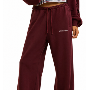 Pantalones Deportivos de Felpa Color Borgoña para Mujer, Cintura Elástica con Cordón, Corte Recto, Ajuste Relajado, Suaves, Casuales, para Invierno - Product Image 1