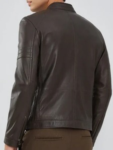 Veste en cuir marron foncé à fermeture éclair pour motard - Product Image 2