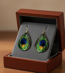 Boucles d'oreilles pendantes en laiton faites à la main, motif plume bleue turque, style bohème pour soirée, avec revêtement PU résistant au ternissement, pour femme - Product Image 3