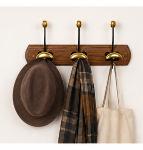 Vintage Wall Mounted Coat and Hat <b>Rack</b> with Solid Wood Base Antique Brass Dual Hooks for Hanging Coats Bags and Hats - Product Image 2