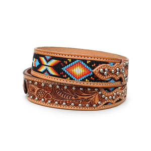 Cinturón de Cuero Granulado con Diseño Floral Estilo Western Premium para Hombre y Mujer, con Cuentas Geométricas Multicolor y Tachuelas Plateadas - Product Image 2