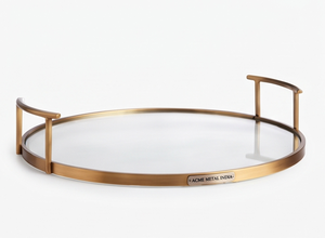 Elegant Round <b>Glass</b> Serving <b>Tray</b> with Gold Metal Frame and Handles Polished Finish Residential Use Weddings Events - Product Image 3