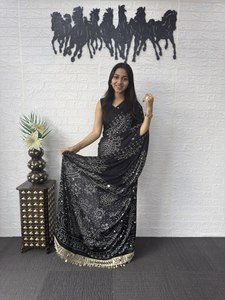 Sari Tradicional Indio-Pakistaní para Mujer, Negro, de Seda Pintada a Mano, Largo hasta el Suelo, para Bodas, Corte Holgado, para Todas las Temporadas - Product Image 2