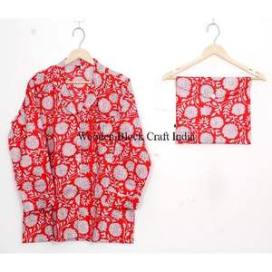 ชุดนอนผ้าฝ้ายออร์แกนิคพิมพ์ลายดอกไม้สีแดงสวยงาม แขนยาว สไตล์วินเทจ ชุดนอนลำลองเข้าชุดกัน ชุดนอนโบโฮ - Product Image 2