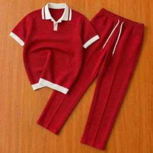 Custom Men's 2 Piece <b>Knit</b> <b>Set</b> Short Sleeve Shirt and Long Pants Tracksuit - Product Image 2