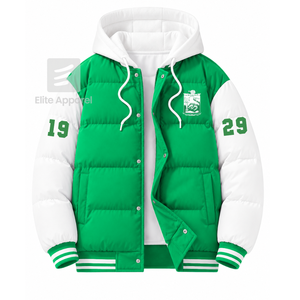 Custom Iota Phi Lambda sorority Puffer <b>jacket</b> embroidered logo on front green and <b>white</b> color full sleeve <b>jacket</b> <b>for</b> female - Product Image 1