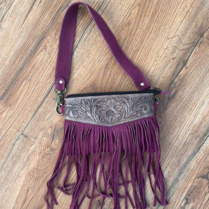 New Hand Tooled & Genuine Suede Leather Bohemian Small Fringe Crossbody Bag for Women's Western Genuine Leather Floral Handbags - Product Image 2