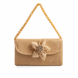 En stock : Pochette en jute faite main pour femme avec anse en perles, motif floral, sac à bandoulière élégant pour soirée et fête - Product Image 1