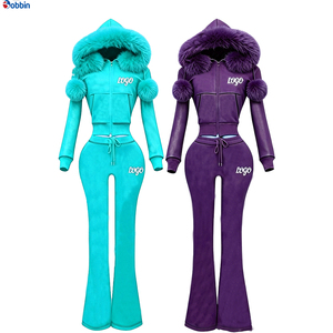 Conjunto de punto gofrado personalizado para mujer, atuendo de manga larga con ribete de piel, conjunto de chándal con chaqueta con cremallera y pantalón acampanado de pierna ancha - Product Image 1