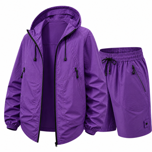 Wholesale Custom <b>Men's</b> Hooded Nylon Windbreaker <b>Jacket</b> and Shorts Set OEM Manufacturer Water Resistant - Product Image 1