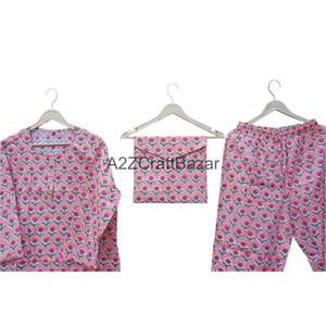 ชุดนอนผ้าฝ้ายแท้ 100% พิมพ์ลายบล็อกด้วยมือ คอกลม นุ่มสบาย หรูหรา โรแมนติก ขายดี สำหรับผู้หญิงและเด็กผู้หญิง - Product Image 4